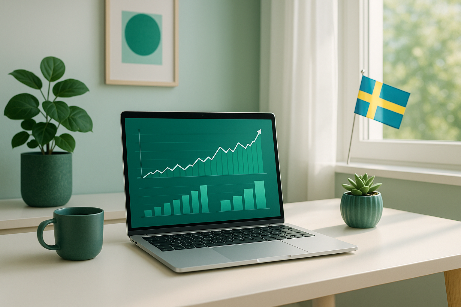 Professionellt skandinaviskt kontorsrum med laptop som visar finansiella diagram, kaffekopp och växter - privatekonomi och sparande